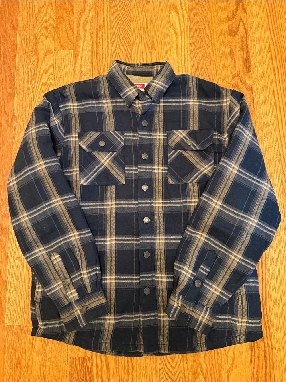 Wrangler Navy and Tan Plaid Sherpa Line Button-Front Shirt Jacket